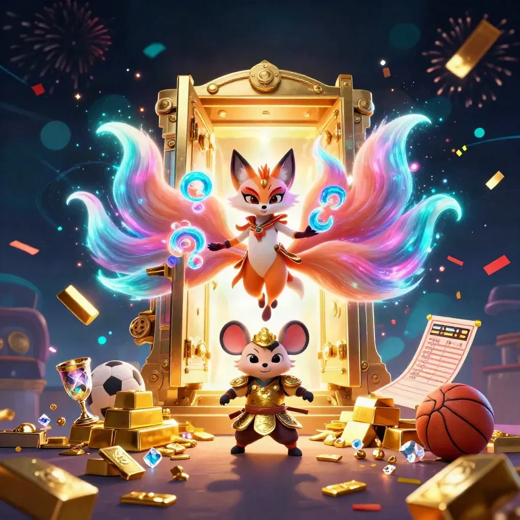 Fox spirit and golden samurai mouse amid treasure, neon energy, and casino-themed game elements.