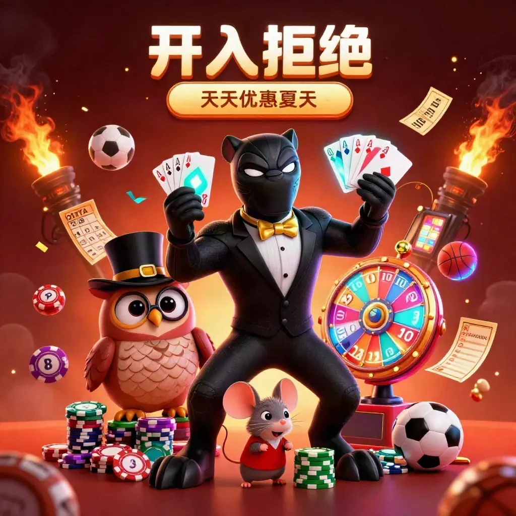 Cartoon panther, owl and mouse amid casino lights, lottery balls, wheel, sports props and embers.