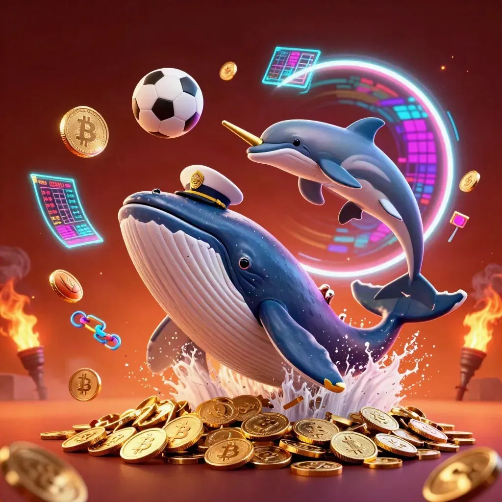 Whale captain, narwhal, dolphins, coins, crypto, and sports balls in neon casino action