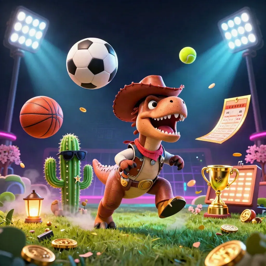 Cowboy T-Rex, cactus, and roadrunner amid flying sports balls, coins, trophy, and neon casino lights