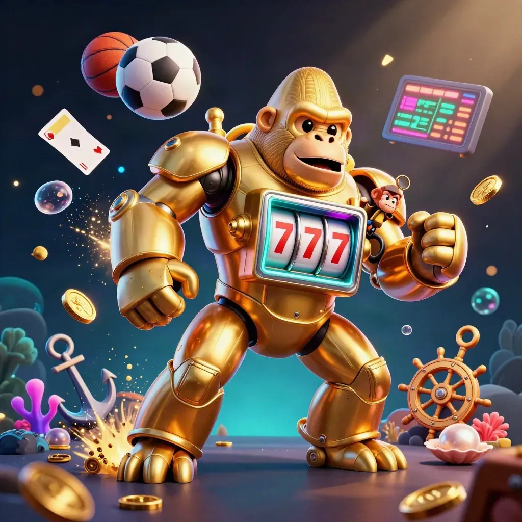 Golden gorilla mech and monkey pilot amid casino sports balls, treasure cove glow, neon effects