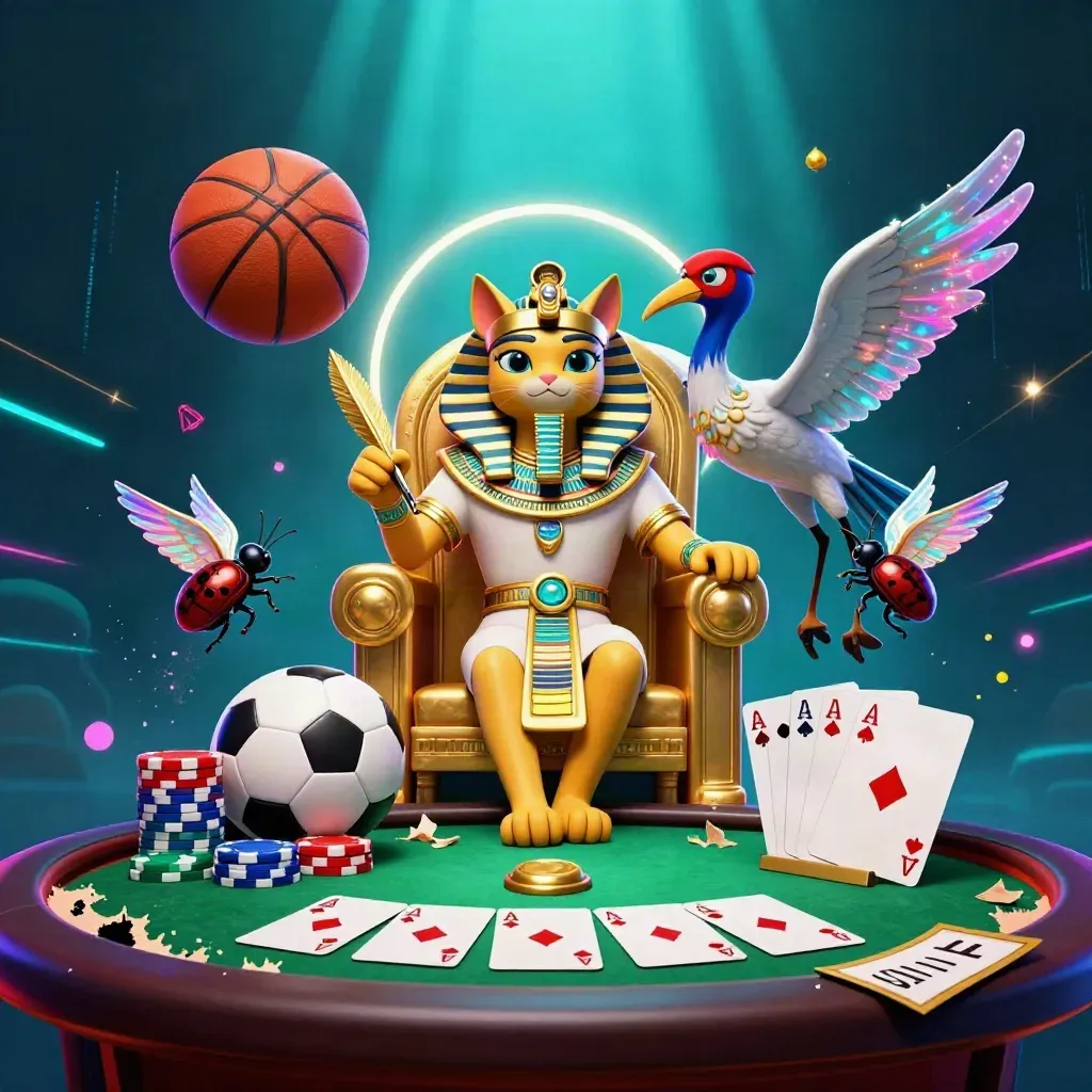Pharaoh cat, ibis scribe, and scarabs amid casino props and a flying basketball.