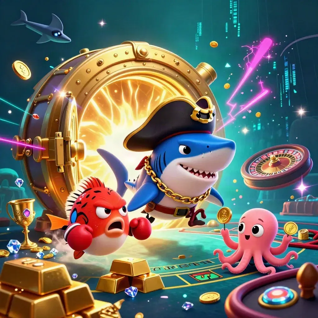 Pirate shark, boxing pufferfish, and coin-juggling octopus amid vault gold and neon casino underwater glow