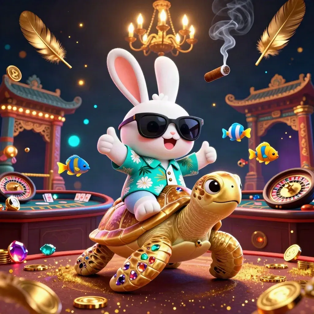 Lucky rabbit on a golden sea turtle in a neon casino scene with coins, cards, and glowing lights.