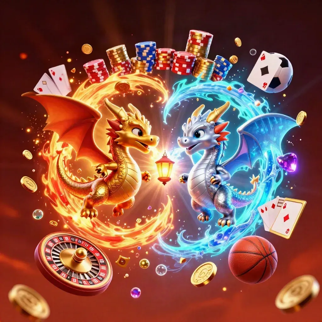 Gold and silver dragons spiral with casino props, glowing coins, cards, chips, and sports balls.