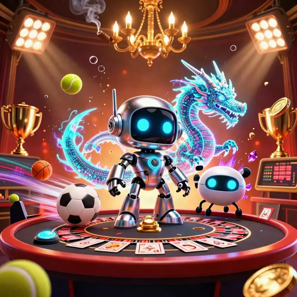 Chrome robot, holographic dragon and drone amid neon casino sports glamour and gold light.