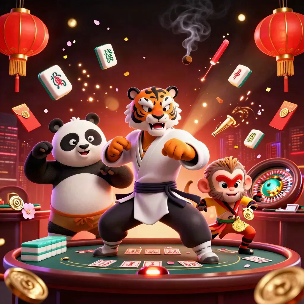 Kung-fu tiger, panda, and monkey in a neon casino burst with lanterns and glowing chips