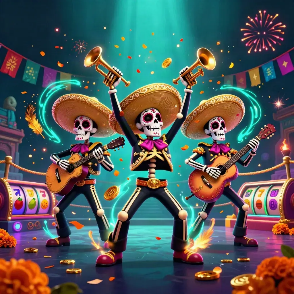 Marijuana? three skeleton mariachi musicians in neon teal underwater casino fantasy with gold bursts