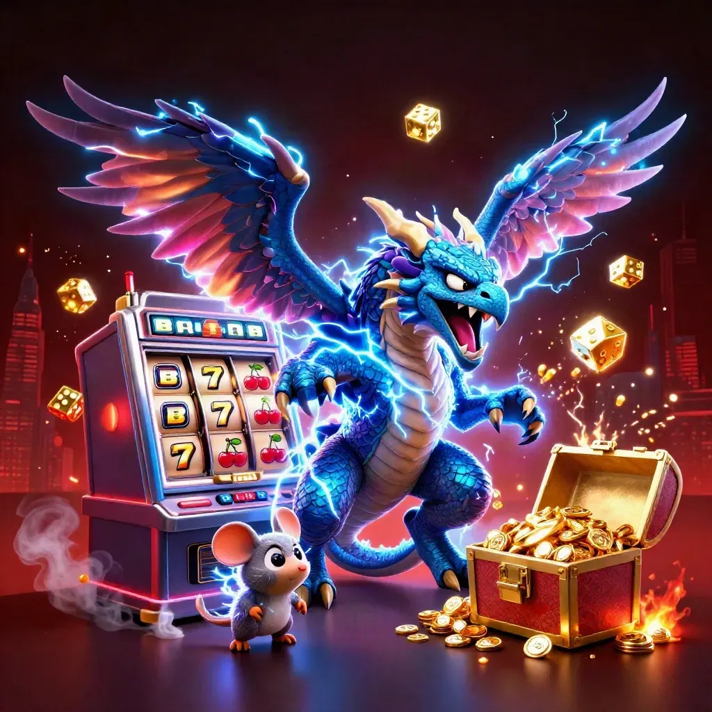 Thunder dragon, wind hawk, and static mouse amid casino jackpot bursts and glowing neon effects.
