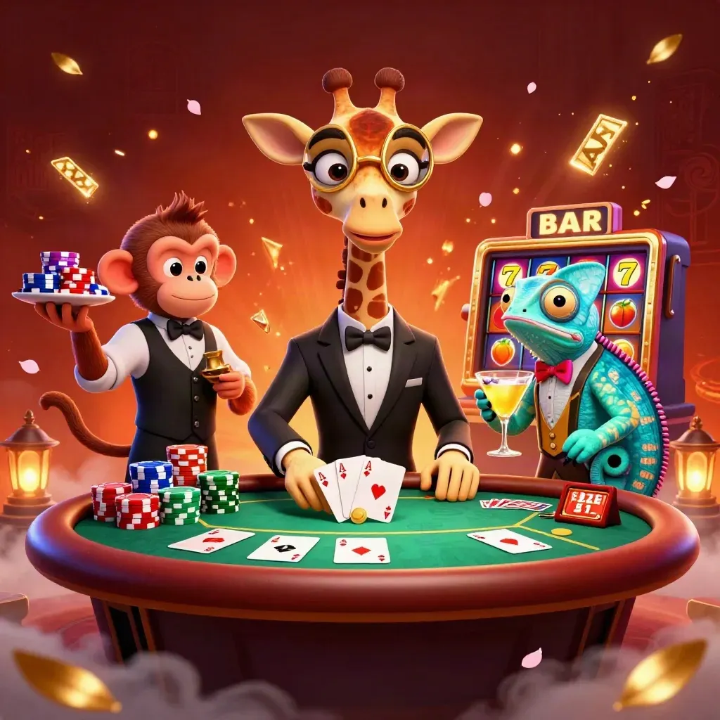Giraffe, monkey valet, and chameleon bartender at a neon VIP poker table amid chips and glowing effects