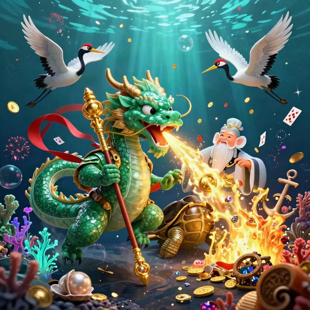Emerald dragon, turtle sage, and cranes in a neon underwater treasure cove with gold fire and gems