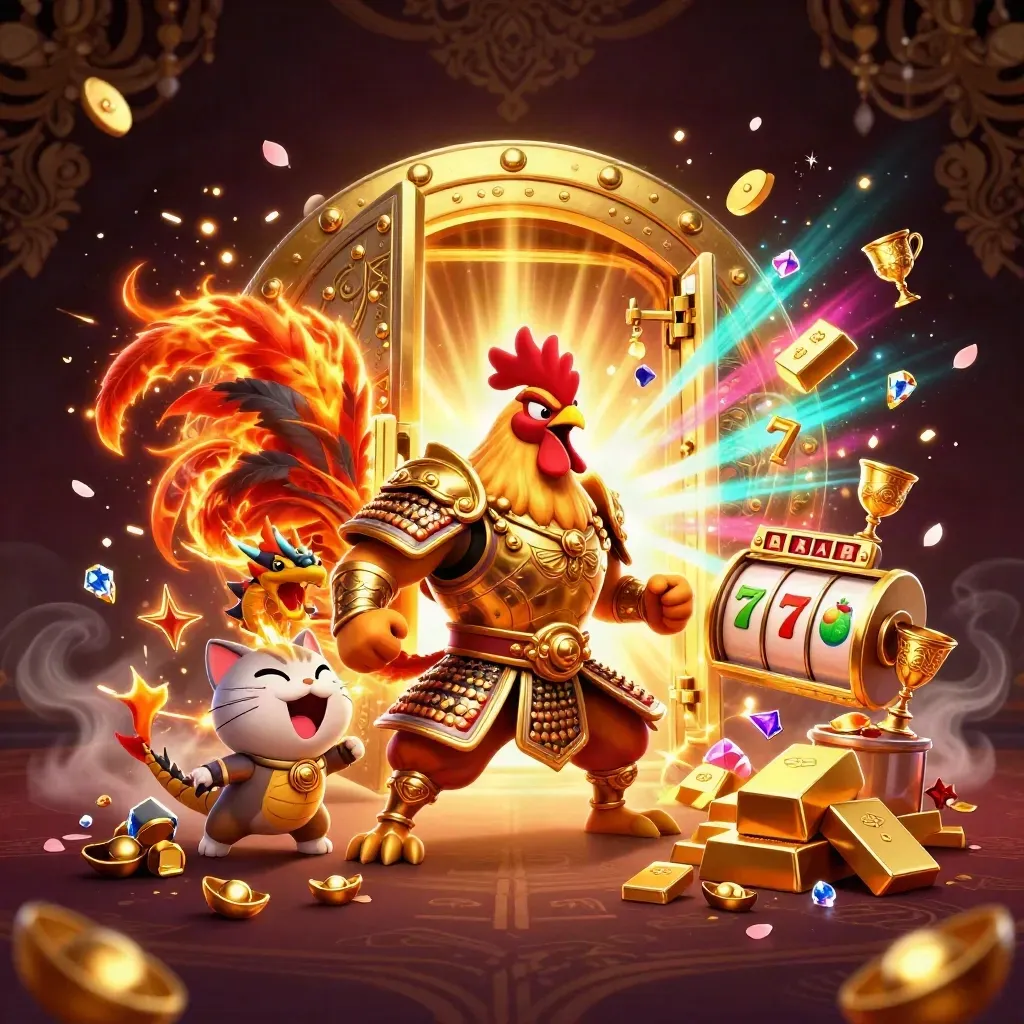 Rooster warrior, dragon hatchling and fortune cat explode from a glowing treasure vault.