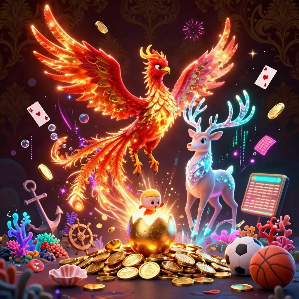 Phoenix, baby phoenix, and crystal stag amid gold coins, coral, fireworks, and casino fantasy glow