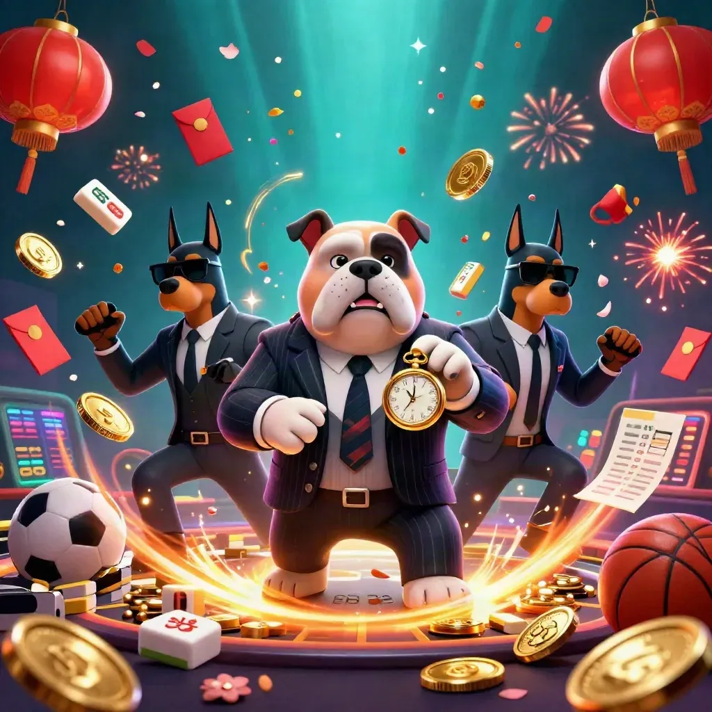 Bulldog mob boss and Doberman guards amid a bursting treasure vault, coins, lanterns, fireworks.