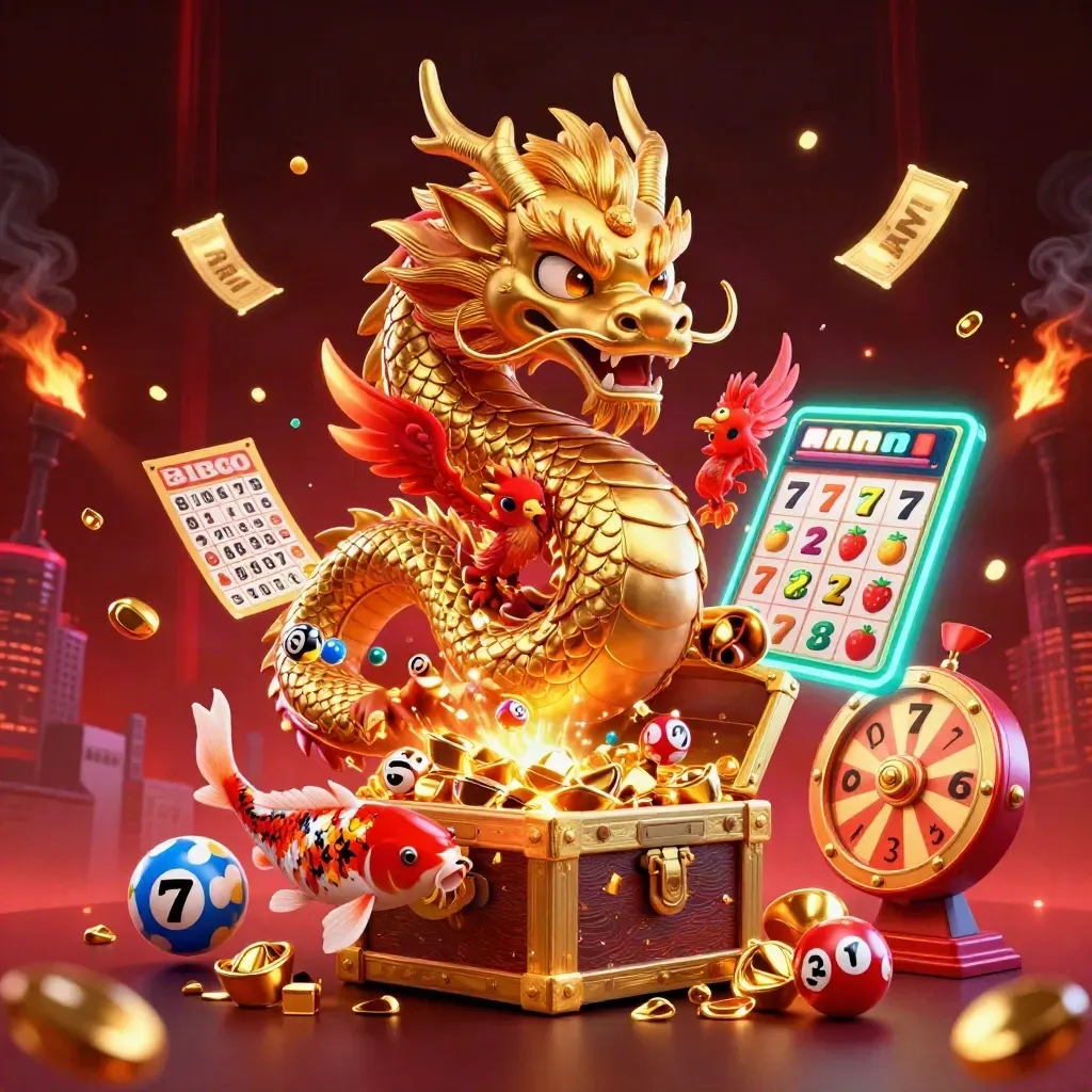 Golden dragon, phoenix, and koi erupt amid casino treasure, glowing lights, and flying game symbols.