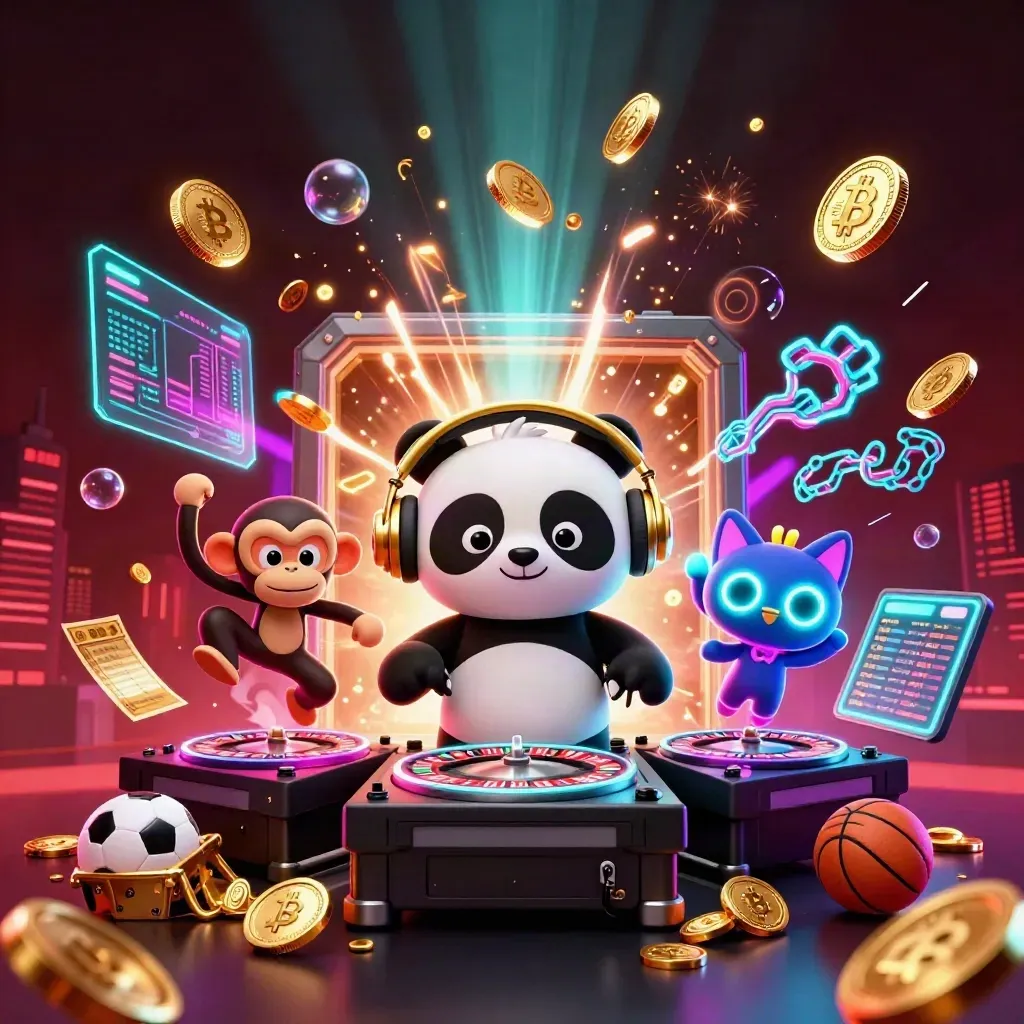 Panda DJ, dancing monkey, and rave kitten in a neon coin explosion with casino lights