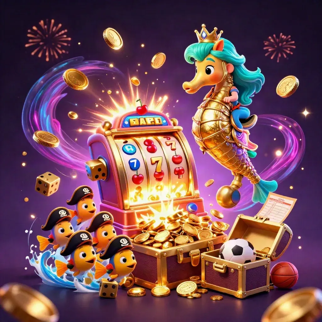 Mermaid princess rides a gold seahorse as a slot machine bursts gold coins, symbols and neon sparks.