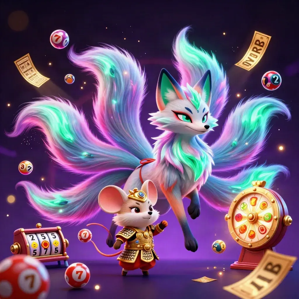 Nine-tailed fox spirit with golden samurai mouse, neon casino effects, reels, balls, wheel