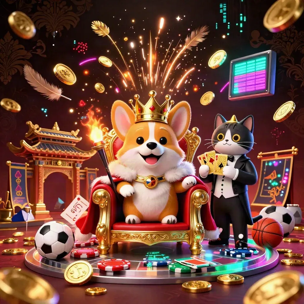 Royal corgi and cat butler amid coins, fireworks, neon casino effects, and sports betting icons.