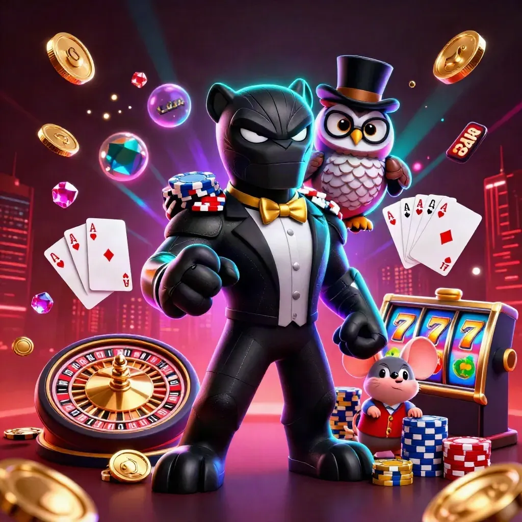 Tuxedo panther, owl, and mouse amid spinning reels, chips, coins, and neon casino light.