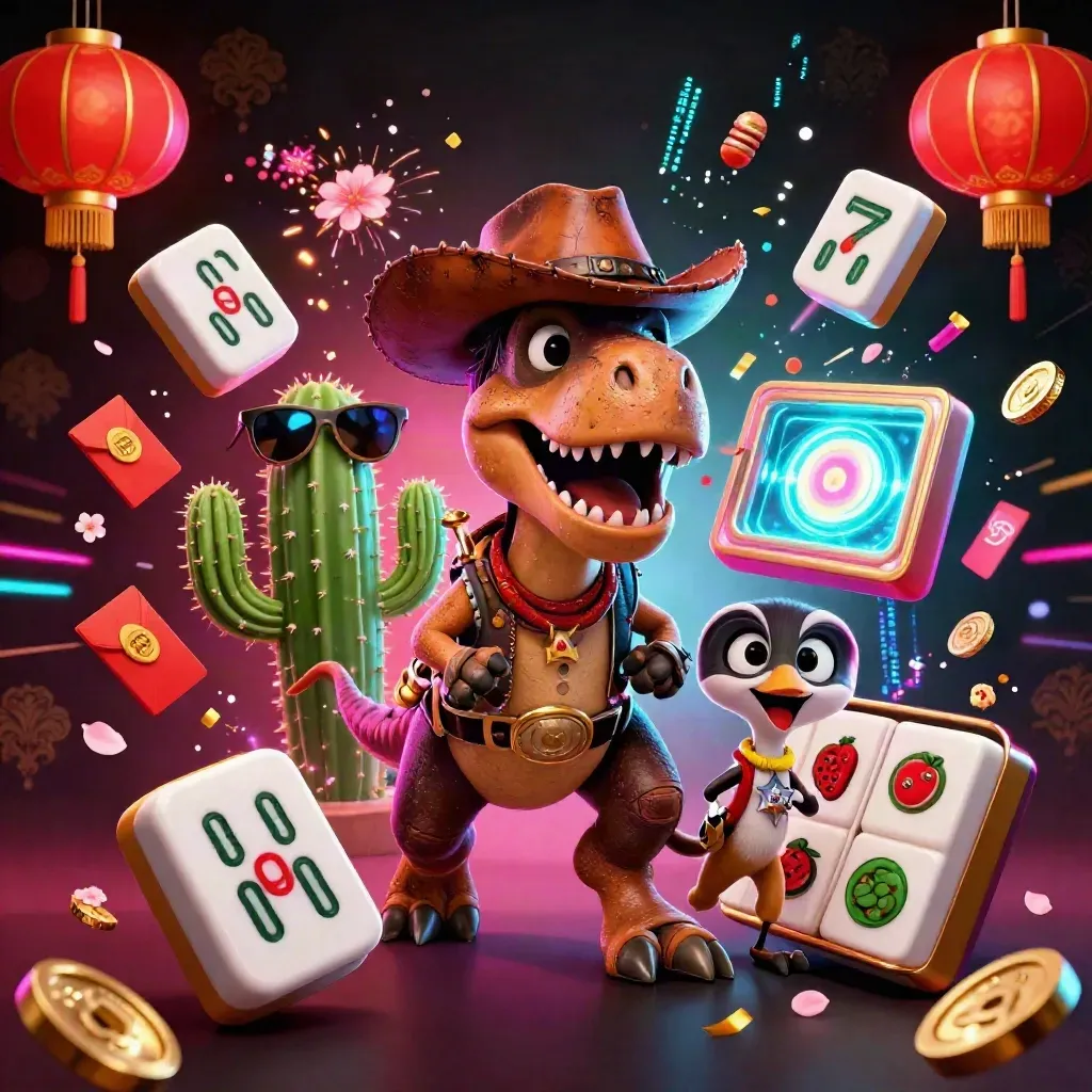 Cowboy T-Rex, cactus and roadrunner amid neon casino loot, lanterns and coins.