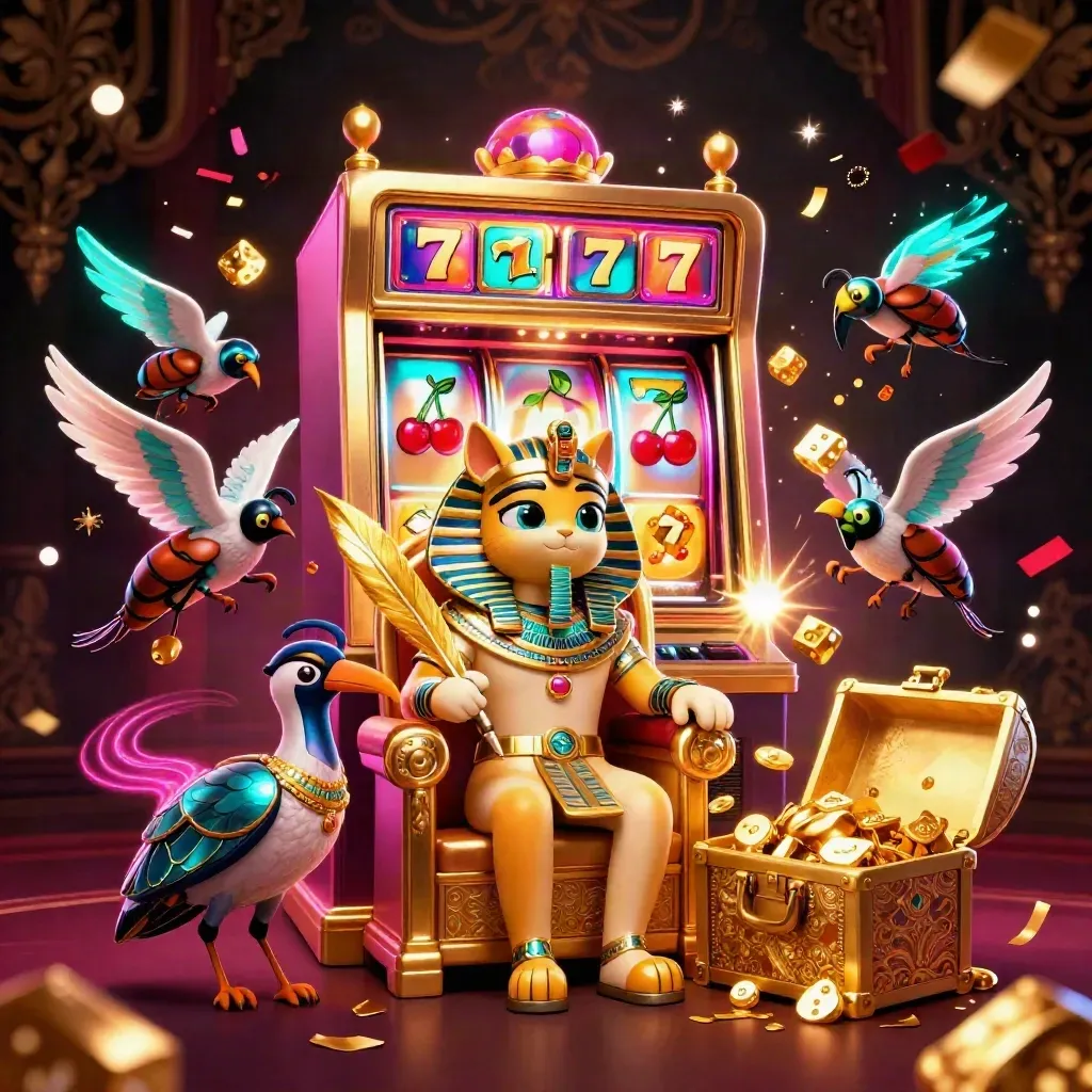 Pharaoh cat, ibis scribe, and scarabs burst from a glowing slot machine in luxury casino neon.