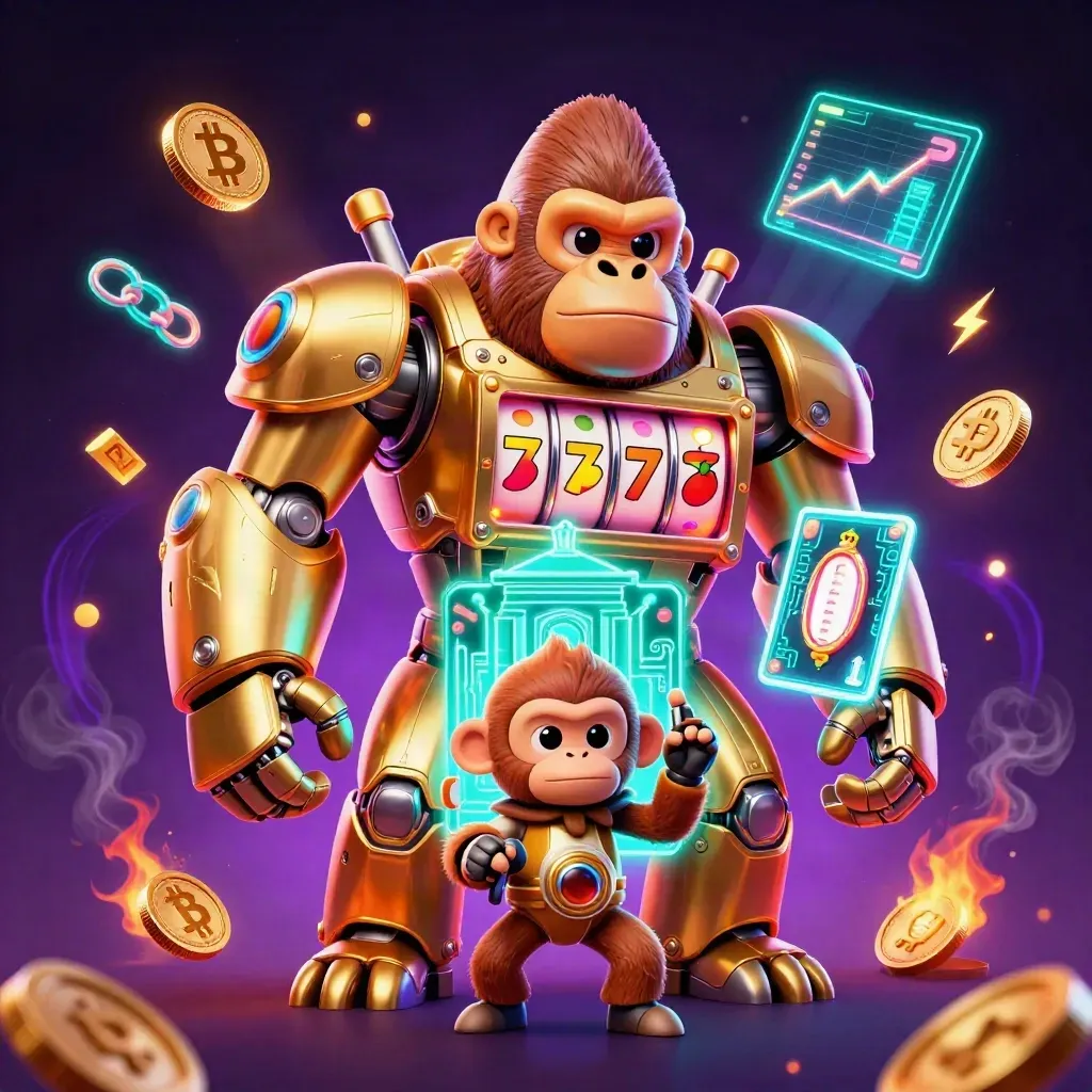 Golden gorilla mech with tiny pilot, neon coins, lightning, and casino effects on a dark purple backdrop