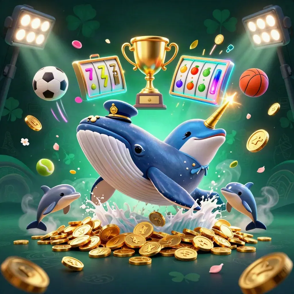 Neon whale captain and narwhal breaching gold coins with dolphins, balls, trophy, and casino lights.